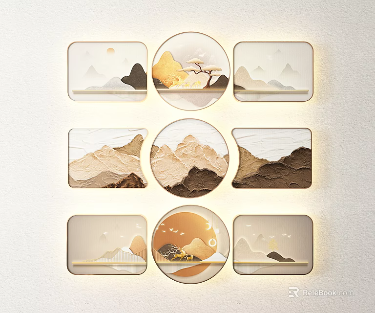 Decorative Wall Art With Circular Square Frames And Mountain Sun Motifs 3d model