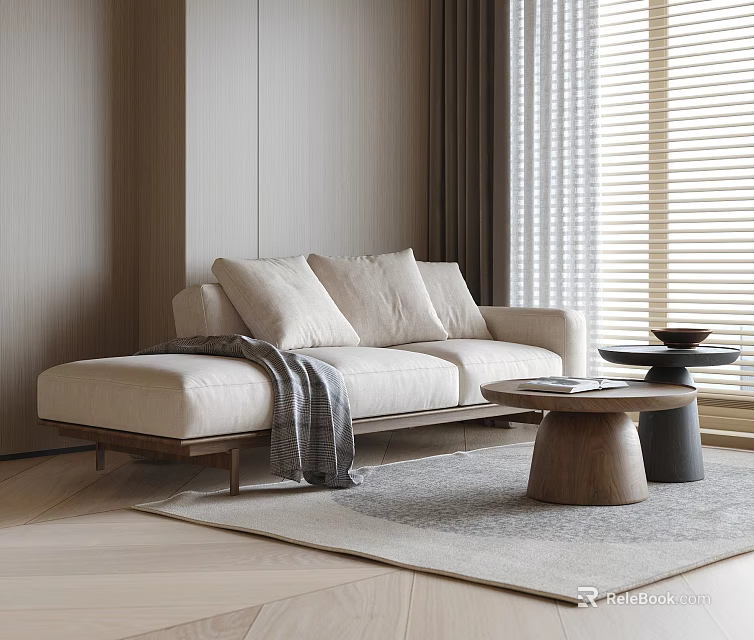 Modern Beige Sofa And Wooden Coffee Table Set With Cushions Gray Throw Blanket And Rug 3d model 