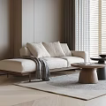 Modern Beige Sofa And Wooden Coffee Table Set With Cushions Gray Throw Blanket And Rug