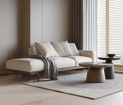Modern Beige Sofa And Wooden Coffee Table Set With Cushions Gray Throw Blanket And Rug 3d model