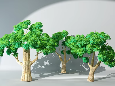 Tall Green Arbor Trees With Lush Canopy And Brown Trunks In Row 3d model
