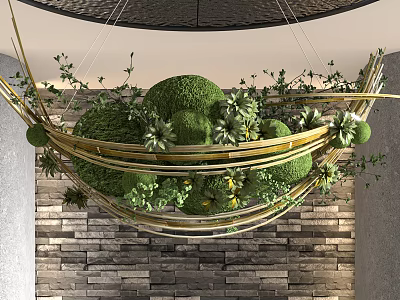 Hanging Landscape Sculpture With Golden Metal Frame Green Spherical And Small Plants Against Stone Wall 3d model