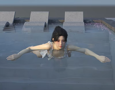 Woman in White Dress Stretching Arms in Water with Floating Petals and Stone Steps 3d model