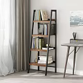 Modern Ladder Design Bookcase With Metal Frame Wooden Shelves And Decorative Books