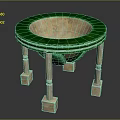Round Decorative Table With Green Edge Light Interior Four Column Legs And Square Bases