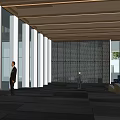 Modern Entrance Gate with Wooden Canopy Green Lawn Dark Stone Pavement and Glass Curtain Wall