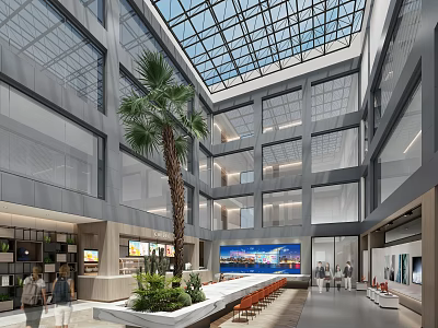 Modern School Hall with Glass Skylight Palm Tree Long Table People and Display Screen 3d model