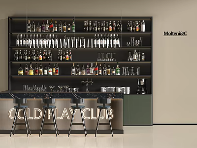 Modern Bar Interior With Shelves Full Of Liquor Bottles Wine Glasses And Counter 3d model