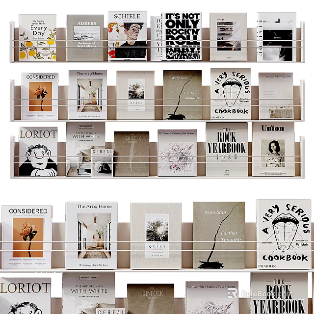 Various Books Magazines Collection Displayed On Shelf With Diverse Cover Designs And Artistic Themes 3d model 