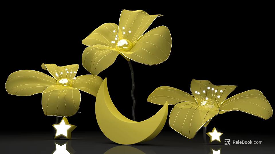 Yellow Flower Shaped Lights With Crescent Moon And Stars Photo Check-in Spot 3d model 