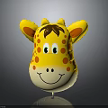 Giraffe Head Toy With Yellow Surface Orange Spots Brown Mane Smiling Face And Green Eyes