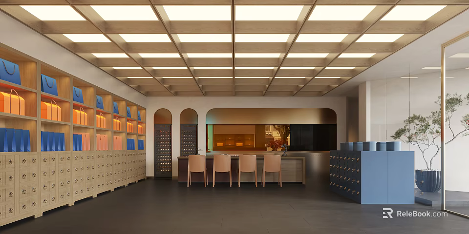 Modern Boutique Store Interior With Wooden Shelves Seating Area And Warm Lighting 3d model 