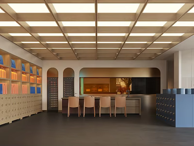 Modern Boutique Store Interior With Wooden Shelves Seating Area And Warm Lighting 3d model