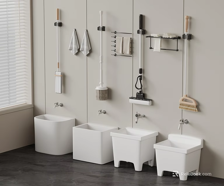 Practical Modern Cleaning Tools Storage Interior With White Buckets And Wall Mounted Racks 3d model