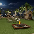 Outdoor Event Space With Green Lawn Tables Chairs Umbrellas And Trees