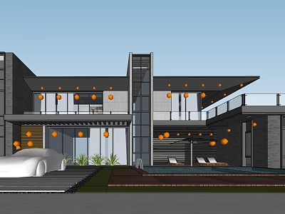 Modern Detached Villa Exterior Featuring Large Glass Windows Swimming Pool Terrace White Car And Greenery 3d model