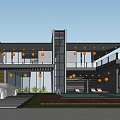Modern Detached Villa Exterior Featuring Large Glass Windows Swimming Pool Terrace White Car And Greenery