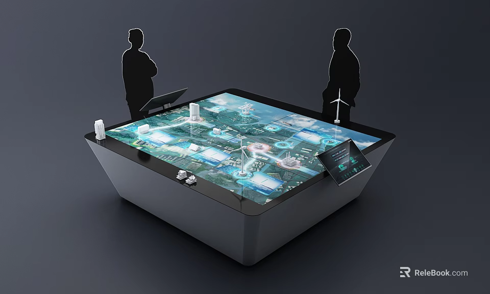 Interactive Digital Table With Transparent Top Displaying Data Graphics And Two Silhouettes 3d model 