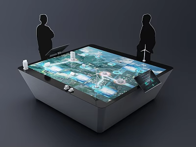 Interactive Digital Table With Transparent Top Displaying Data Graphics And Two Silhouettes 3d model