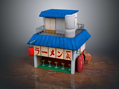 Cartoon Scene of Japanese Ramen Shop with Blue Roof White Building and Red Gas Cylinder 3d model