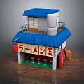 Cartoon Scene of Japanese Ramen Shop with Blue Roof White Building and Red Gas Cylinder