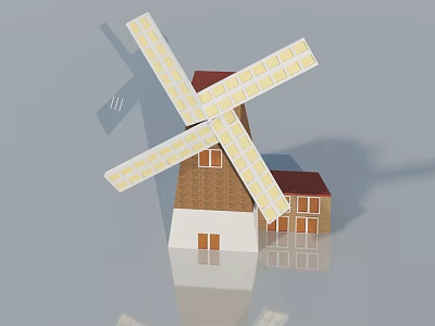Decorative Wooden Windmill Model With White Blades And Swing Door Design 3d model