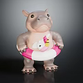Cute Hippo Toy Figure Holding Pink And White Inflatable Ring With Ice Cream Design