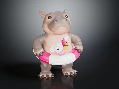 Cute Hippo Toy Figure Holding Pink And White Inflatable Ring With Ice Cream Design 3d model