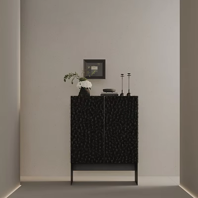 Modern Black Textured Entryway Cabinet With Vase Plant Framed Art And Candle Holders 3d model
