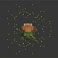 Green Toy Frog With Brown Backpack And Yellow Glowing Lights On Dark Background
