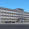 Modern Office Building With Symmetrical Facade Multiple Windows Front Entrance And Parking Area