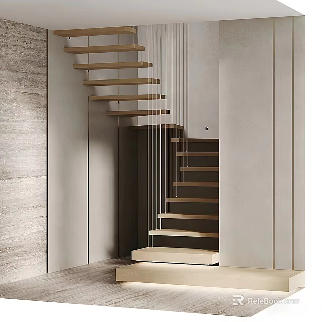 Modern Staircase with Floating Wooden Steps and Minimalist Neutral Wall Interior Design 3d model 
