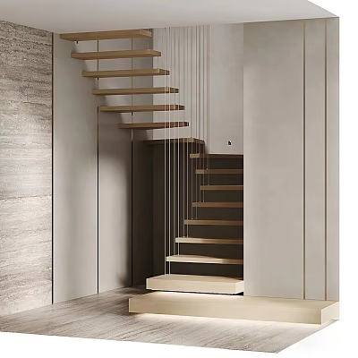Modern Staircase with Floating Wooden Steps and Minimalist Neutral Wall Interior Design 3d model