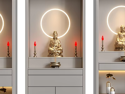 Buddhist Shrine Cabinet Design With Buddha Statue Red Candles And Circular Lighting 3d model