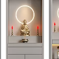 Buddhist Shrine Cabinet Design With Buddha Statue Red Candles And Circular Lighting