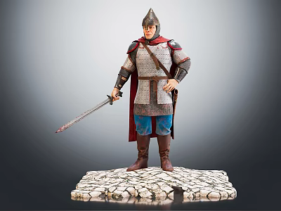 Medieval Warrior In Armor With Red Cape Holding Sword On Cracked Stone Base 3d model