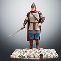 Medieval Warrior In Armor With Red Cape Holding Sword On Cracked Stone Base
