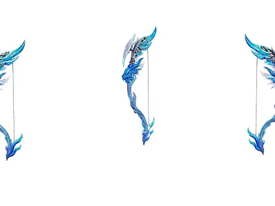 Blue Fantasy Bow Weapon With Decorative Feathers And Streamlined Design Details 3d model