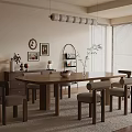 Natural Wooden Dining Table Set With Matching Chairs Pendant Lights And Wall Decorations