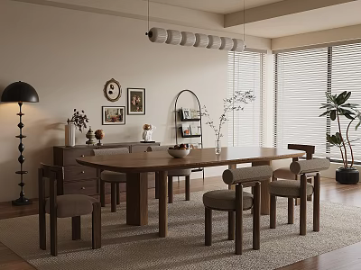 Natural Wooden Dining Table Set With Matching Chairs Pendant Lights And Wall Decorations 3d model