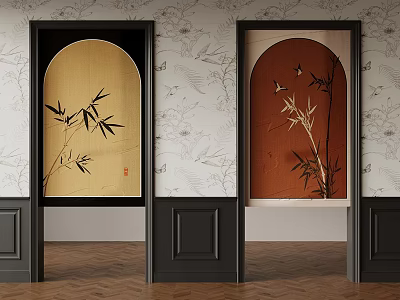 Modern Interior Design With Arched Doorways Bamboo Decorations Floral Wallpaper And Wooden Flooring 3d model