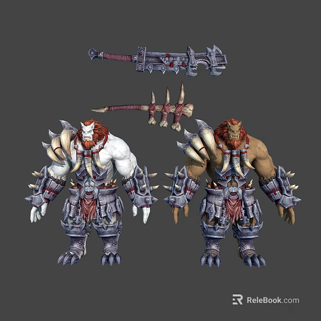 Mythical Warrior Characters In Spiked Armor With Giant Sword And Horned Beast Like Creatures 3d model 