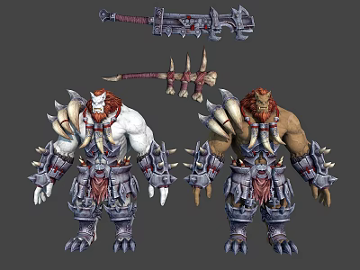 Mythical Warrior Characters In Spiked Armor With Giant Sword And Horned Beast Like Creatures 3d model