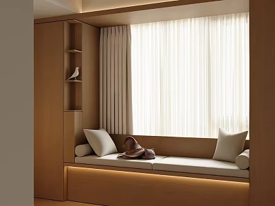 Modern Bay Window Cabinet With Wooden Storage White Cushion Pillows And Curtains 3d model