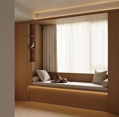 Modern Bay Window Cabinet With Wooden Storage White Cushion Pillows And Curtains 3d model