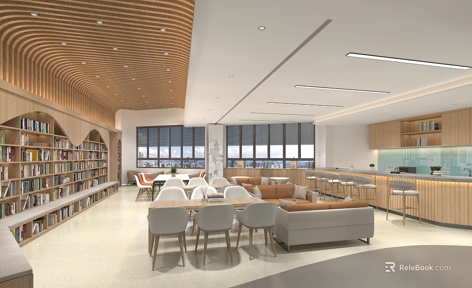 Book Art Modern Library Interior Design With Bookshelves Large Windows Wooden Ceiling And Comfortable Seating 3d model 