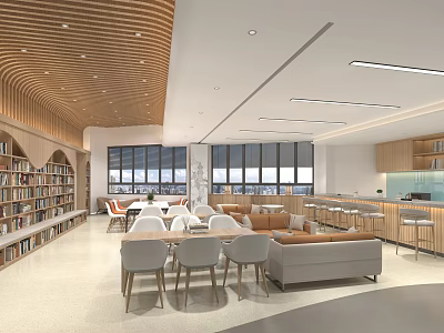 Book Art Modern Library Interior Design With Bookshelves Large Windows Wooden Ceiling And Comfortable Seating 3d model