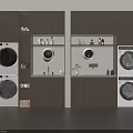 Modern Laundry Room With Stacked Washing Machines Dryers And Storage Cabinets