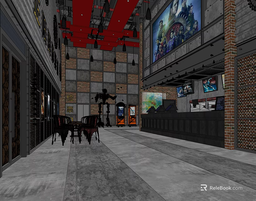 Modern Cinema Lobby With Red Ceiling Brick Walls Counter And Movie Posters 3d model 