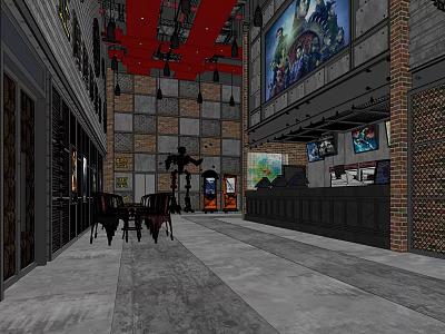 Modern Cinema Lobby With Red Ceiling Brick Walls Counter And Movie Posters 3d model